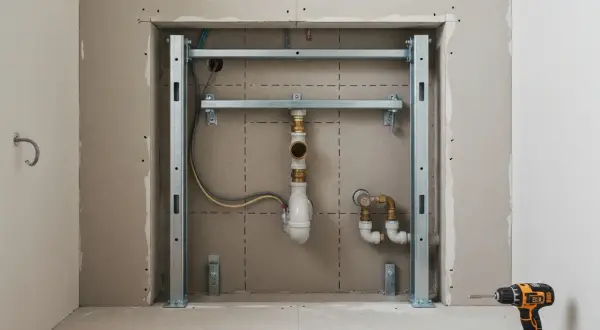 Montaż spłuczki w ścianie: metalowy stelaż, instalacja wodno-kanalizacyjna, poziomice i wkrętarka.