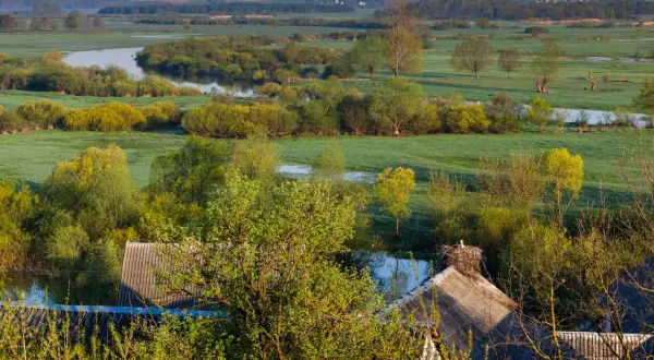 Podlasie samochodem: malownicze łąki, meandrująca rzeka i bocianie gniazdo na dachu. Idealne miejsce na spokojną podróż.