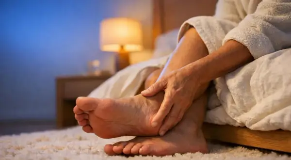 Una persona si massaggia i piedi, forse a causa di parestesie. La scena è ambientata in camera da letto, con luce soffusa.