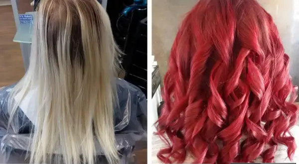 Vorher: blond, nachher: leuchtend rot. Eine Transformation von blond auf rot, mit voluminösen Wellen.