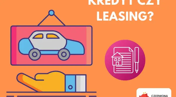Kredyt czy leasing? Wybierz najlepszą opcję finansowania auta na raty. Ikony samochodu, ręki i dokumentów.