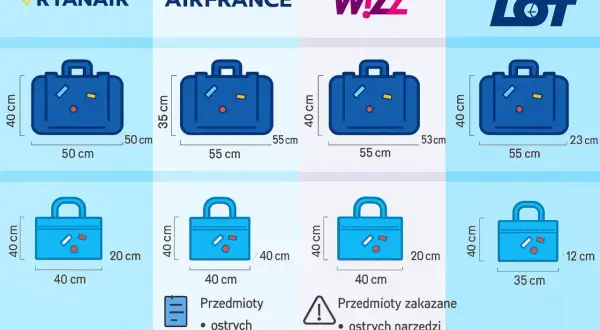 Przedmioty zakazane w bagażu rejestrowanym: ostre narzędzia, materiały wybuchowe i łatwopalne. Sprawdź wymiary walizek dla Ryanair, Air France, Wizz Air i LOT.