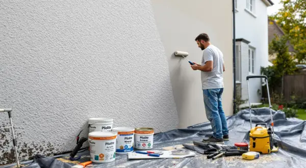 Un homme peint un mur en pierre texturé en blanc avec un rouleau. Des pots de peinture sont au sol.