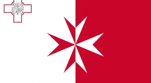 Flaga Malty: biało-czerwona z krzyżem maltańskim i herbem.