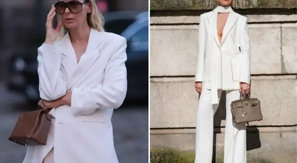 Eleganckie biały garnitur damski stylizacje. Dwie kobiety prezentują modne, białe komplety ze spodniami i marynarkami, uzupełnione stylowymi torebkami.