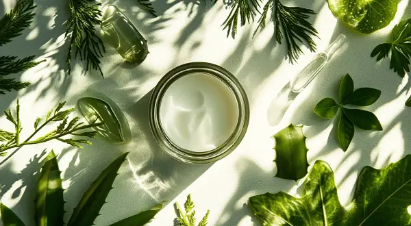 Crema blanca en un frasco rodeada de hojas verdes y ramas. Un concepto de **cosmética sostenible** que evoca frescura y naturaleza.