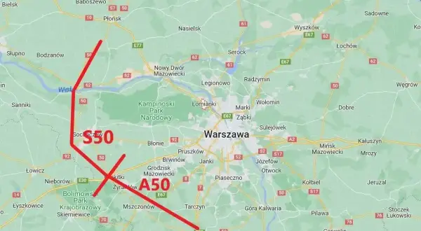 Trasa S50 okrąża Warszawę, łącząc drogi krajowe i ekspresowe. Na mapie zaznaczono jej przebieg na czerwono.