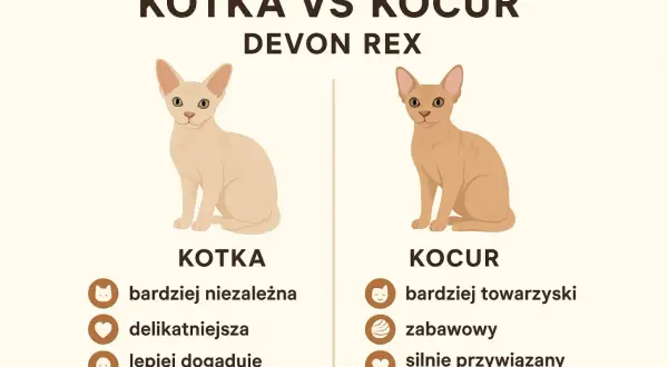 Jak rozpoznać kota od kotki? Porównanie Devon Rex: kotka jest bardziej niezależna, kocur towarzyski.