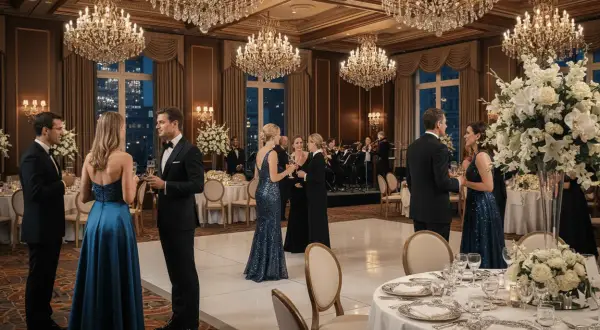 Elegante Damen in Abendkleidern und Herren im Frack bei einer Hochzeit mit Black-Tie-Gala.