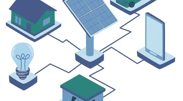 Ilustracja pokazuje, jak powstaje prąd: panel słoneczny zasila dom, samochód elektryczny, smartfon i żarówkę.