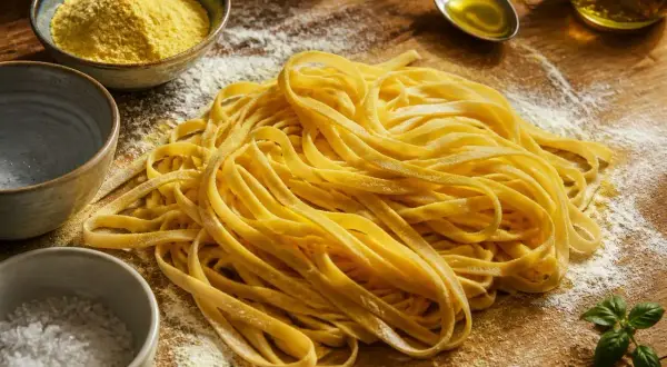 Un plat italien de pâtes fraîches, prêt à être cuisiné. Des ingrédients simples : farine, œufs, sel, huile d'olive et basilic.