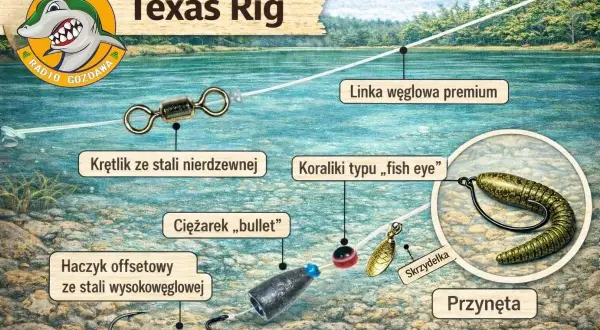Schemat zestawu Texas Rig: haczyk offsetowy, ciężarek bullet, koraliki, krętlik, linka węglowa i przynęta.