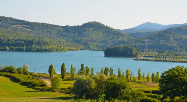 Vasta distesa azzurra del lago di Bilancino, circondata da dolci colline verdi e alberi rigogliosi sotto un cielo limpido.