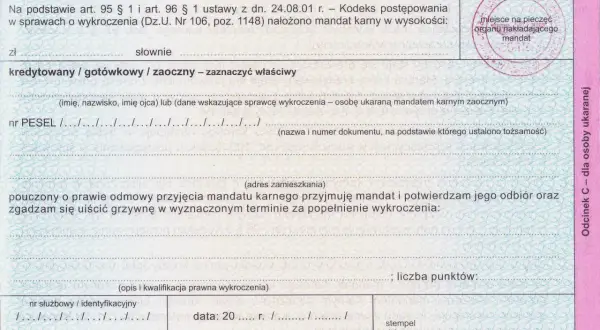 Formularz mandatu karnego, który może być podstawą do napisania odwołania od mandatu.