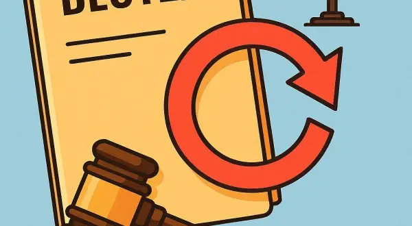 Ilustracja dokumentu z napisem "DECYZJA", młotka sędziowskiego, wagi i czerwonej strzałki w kształcie koła.