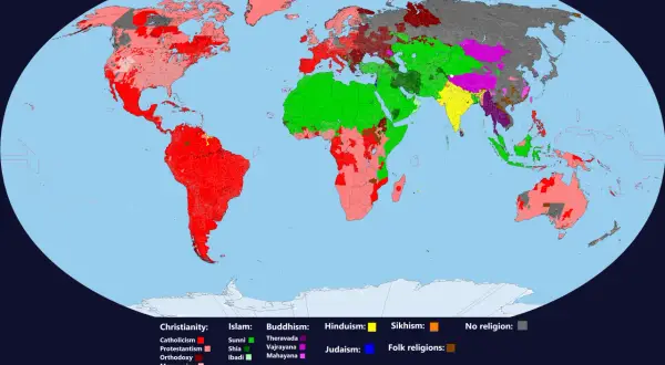 Mapa świata pokazująca, gdzie występuje buddyzm: głównie w Azji Południowo-Wschodniej (fioletowe odcienie) i częściowo w Azji Wschodniej.