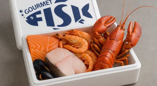 En låda med färska frutti di mare: laxfilé, räkor, en hel hummer, torskrygg och musslor.