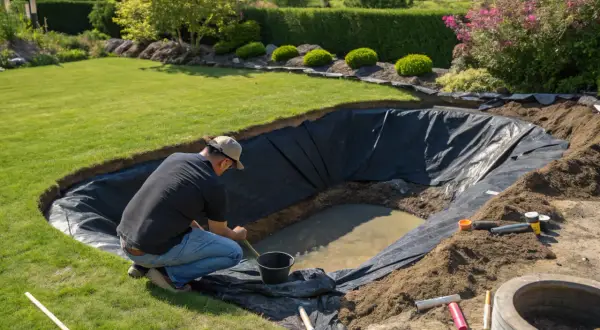 Un homme travaille sur l'aménagement d'un bassin préformé dans un jardin verdoyant.