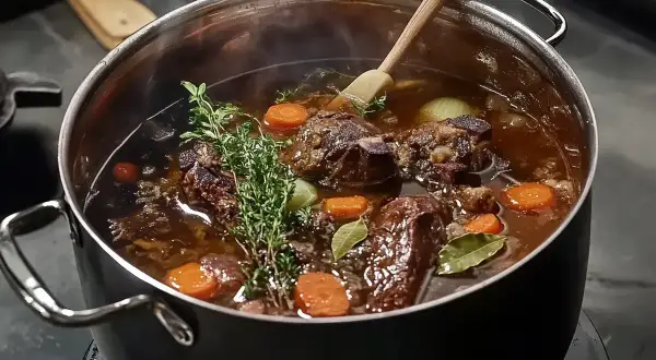 En stor gryta med kött, morötter och örter som puttrar. Det ser ut som att någon ska koka kalkon eller en mustig gryta.