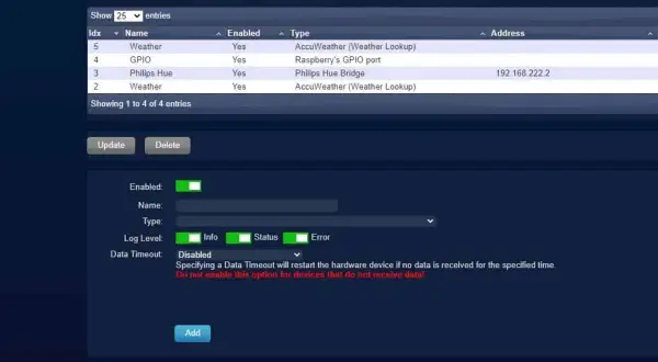 Interface Domoticz pour configurer des appareils connectés. On y voit des entrées comme "Weather" et "Philips Hue", utiles pour installer domoticz.