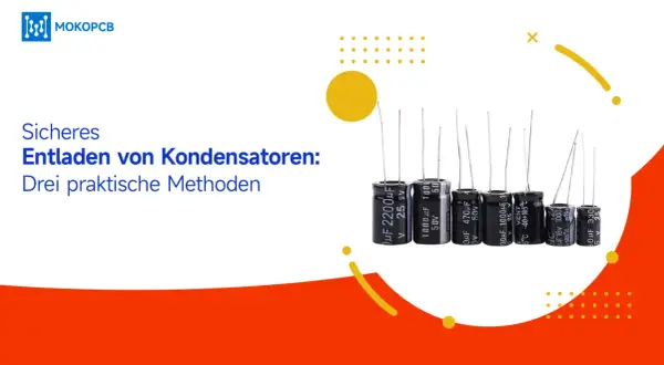Mehrere Elektrolytkondensatoren, bereit für das sichere Entladen. Die Beschriftung "Sicheres Entladen von Kondensatoren" weist auf die Thematik hin.