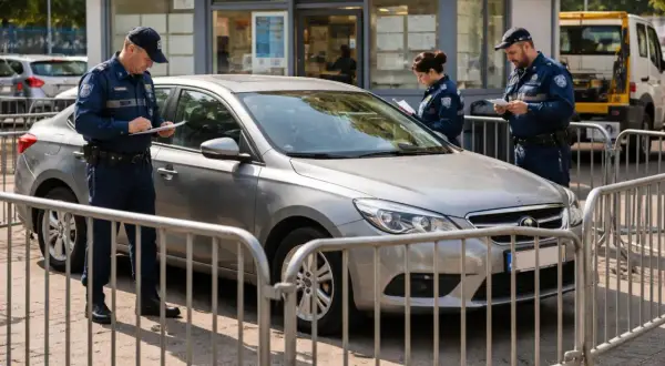 Trois agents rédigent des documents près d'une voiture grise. Une procédure de mise en fourrière sans PV est en cours.