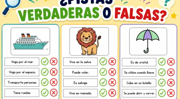 Un juego de pistas preparado con un barco, un león y un paraguas. Los niños deben decidir si las afirmaciones sobre cada imagen son verdaderas o falsas.