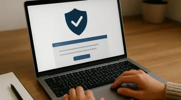 Osoba sprawdza na laptopie, gdzie sprawdzić czy jestem ubezpieczony. Na ekranie widnieje symbol tarczy z zaznaczeniem.