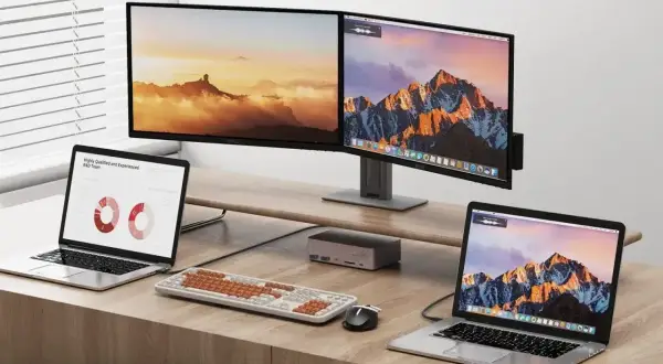 Dwa monitory i dwa laptopy na biurku. Dowiedz się, jak podłączyć dwa monitory do laptopa, aby zwiększyć produktywność.