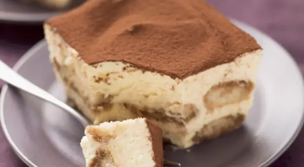 Ein Stück cremiges Tiramisu ohne Zucker, bestäubt mit Kakao, auf einem Teller mit einer Gabel.