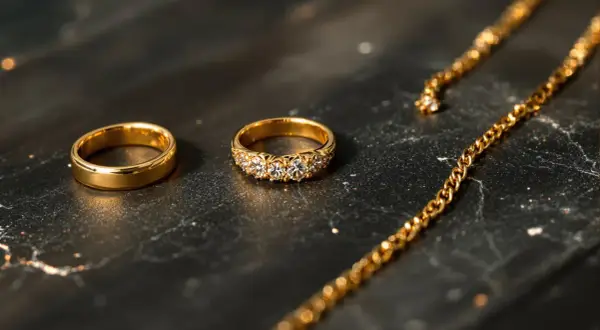 Anillos de oro 375, que significa 9 quilates, y una cadena dorada sobre fondo oscuro.