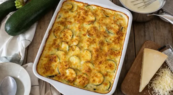 Un plat de gratin de courgettes doré et appétissant, prêt à être dégusté. Des courgettes fraîches, une béchamel crémeuse et du fromage râpé pour un délice.