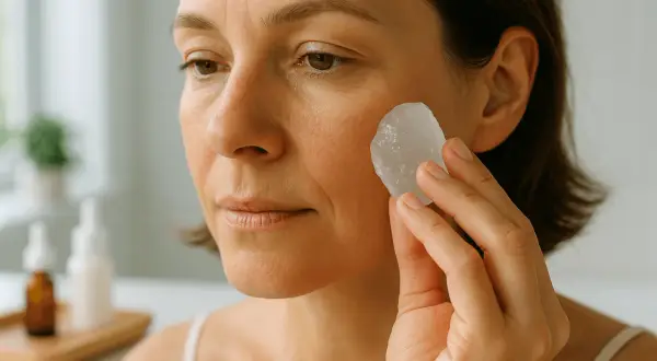 Une femme applique une pierre d'alun sur son visage pour un soin naturel.