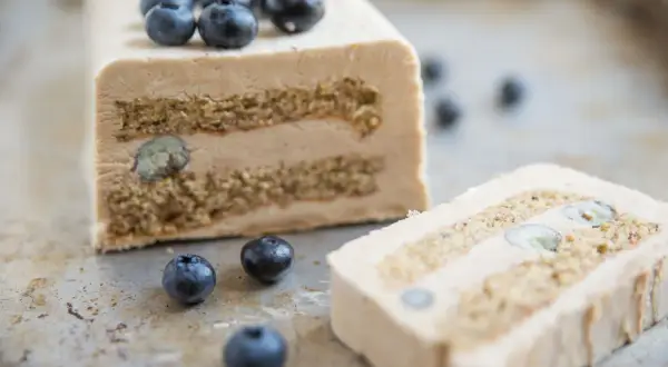 Un delizioso semifreddo al caffè, stratificato con biscotti e mirtilli, guarnito con mirtilli freschi.