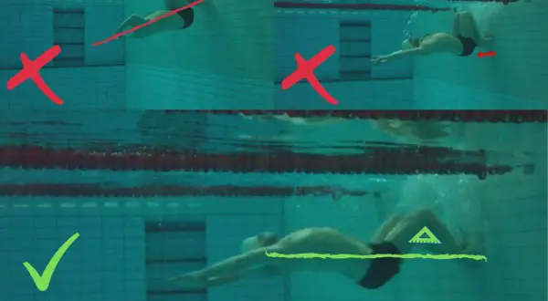 Underwater shots demonstrate proper technique for flip turn drills, showing incorrect body position with red crosses and correct streamlined form with a green checkmark.