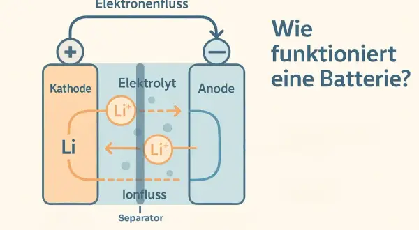 Schema erklärt, wie funktioniert eine Batterie: Lithiumionen wandern durch den Elektrolyten, während Elektronen fließen.