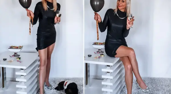 Elegancka czarna sukienka, wążowe szpilki i balon – idealny zestaw, jak się ubrać na 18 syna.
