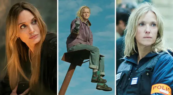 Tre kvinnor i filmer med Angelina Jolie. En sitter på en stolpe och visar finger, en annan är polis.