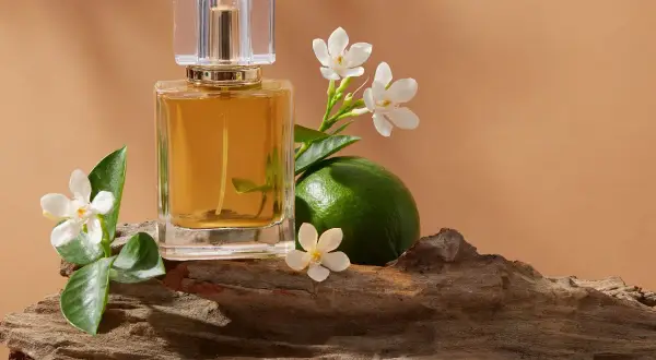 Elegancka butelka perfum, limonka i białe kwiaty na drewnianej podstawie. Obrazek sugeruje, jak powstają perfumy, łącząc naturę z luksusem.