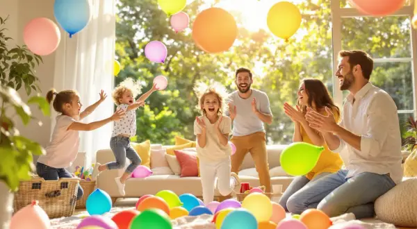 Radosna rodzina świętuje, dzieci skaczą wśród kolorowych balonów, jakby brały udział w wyścigu balonów.