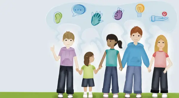 Vijf kinderen houden elkaars hand vast, met symbolen van communicatie en begrip boven hun hoofd. Ze leren over omgaan met mensen.
