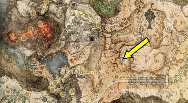 Mapa Elden Ring. Żółta strzałka wskazuje na punkt na mapie, gdzie można spotkać Melinę.