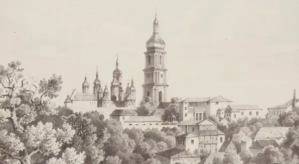 Dawny widok Kijowa z cerkwiami i wieżą. Ile lat ma Ukraina? Tysiące lat historii w tej rycinie.