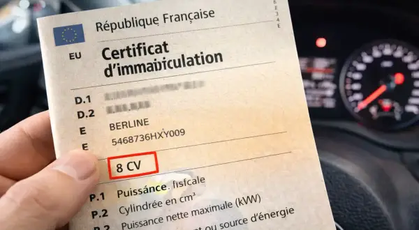 Certificat d'immatriculation français montrant "8 CV", expliquant la signification de la carte grise P6.