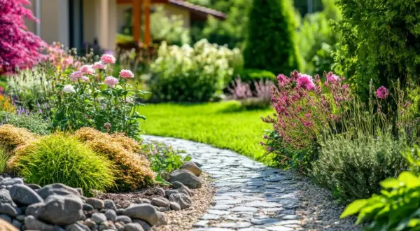Ein schöner Gartenweg mit Blumen und Steinen. Tolle wenig Geld Garten Ideen einfach umgesetzt.