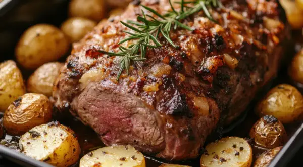 Jugoso pan de carne asado con patatas doradas y romero fresco.