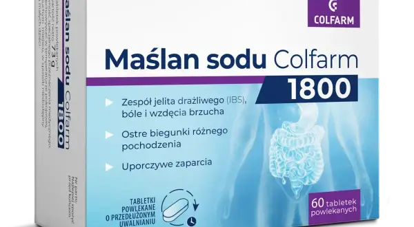 Maślan sodu Colfarm 1800 - tabletki powlekane o przedłużonym uwalnianiu na zespół jelita drażliwego, biegunki i zaparcia.