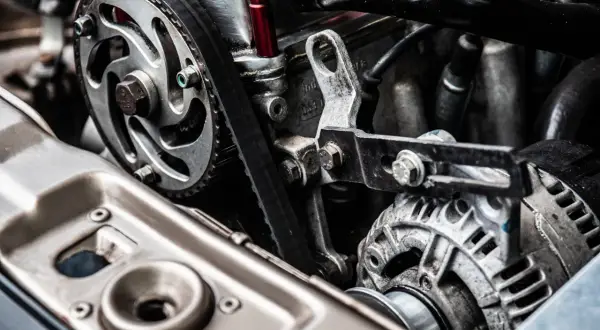 Detalle de motor de coche con correa y polea. ¿Cuánto cuesta cambiar el motor de un coche?