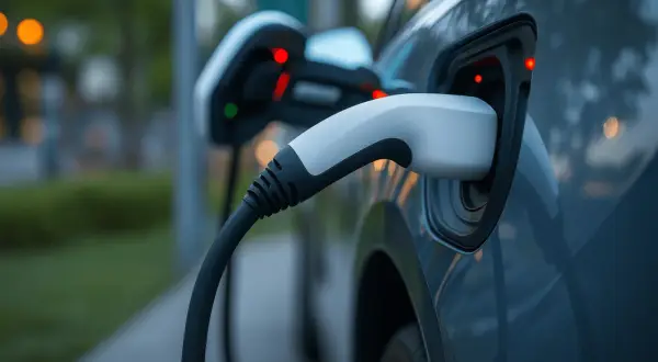 Un connettore bianco è inserito nella porta di ricarica di un'auto elettrica, con luci rosse che indicano l'avvio della ricarica della batteria per veicoli elettrici.