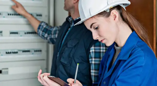Technicy podczas odbioru instalacji elektrycznej. Kobieta w kasku notuje uwagi, mężczyzna wskazuje na rozdzielnicę.
